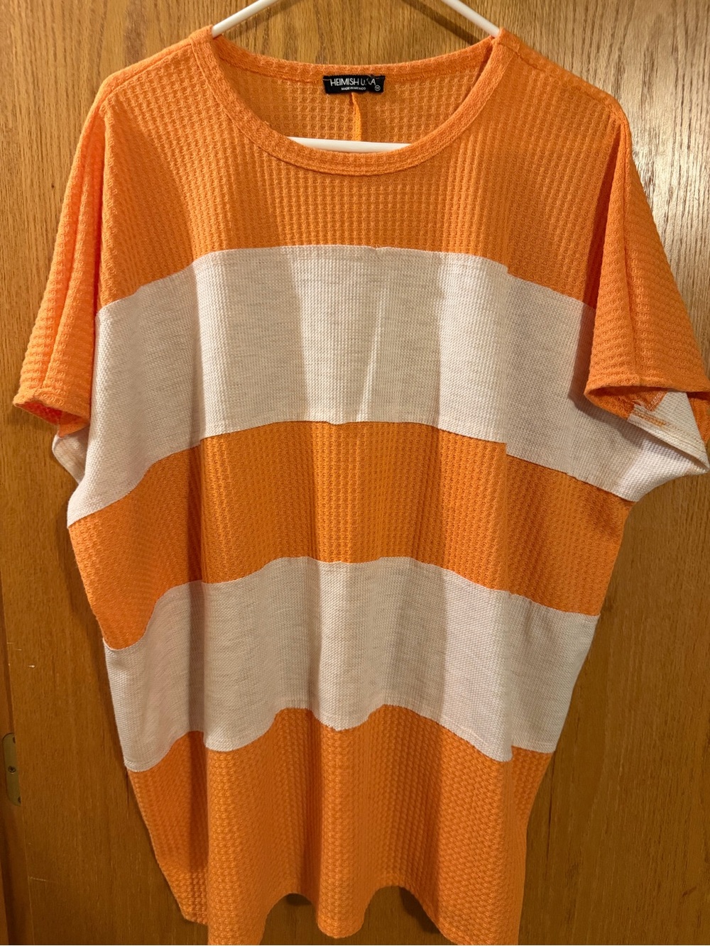 HEIMISH USA Orange and White Wide-Striped Short Sleeve Crewneck